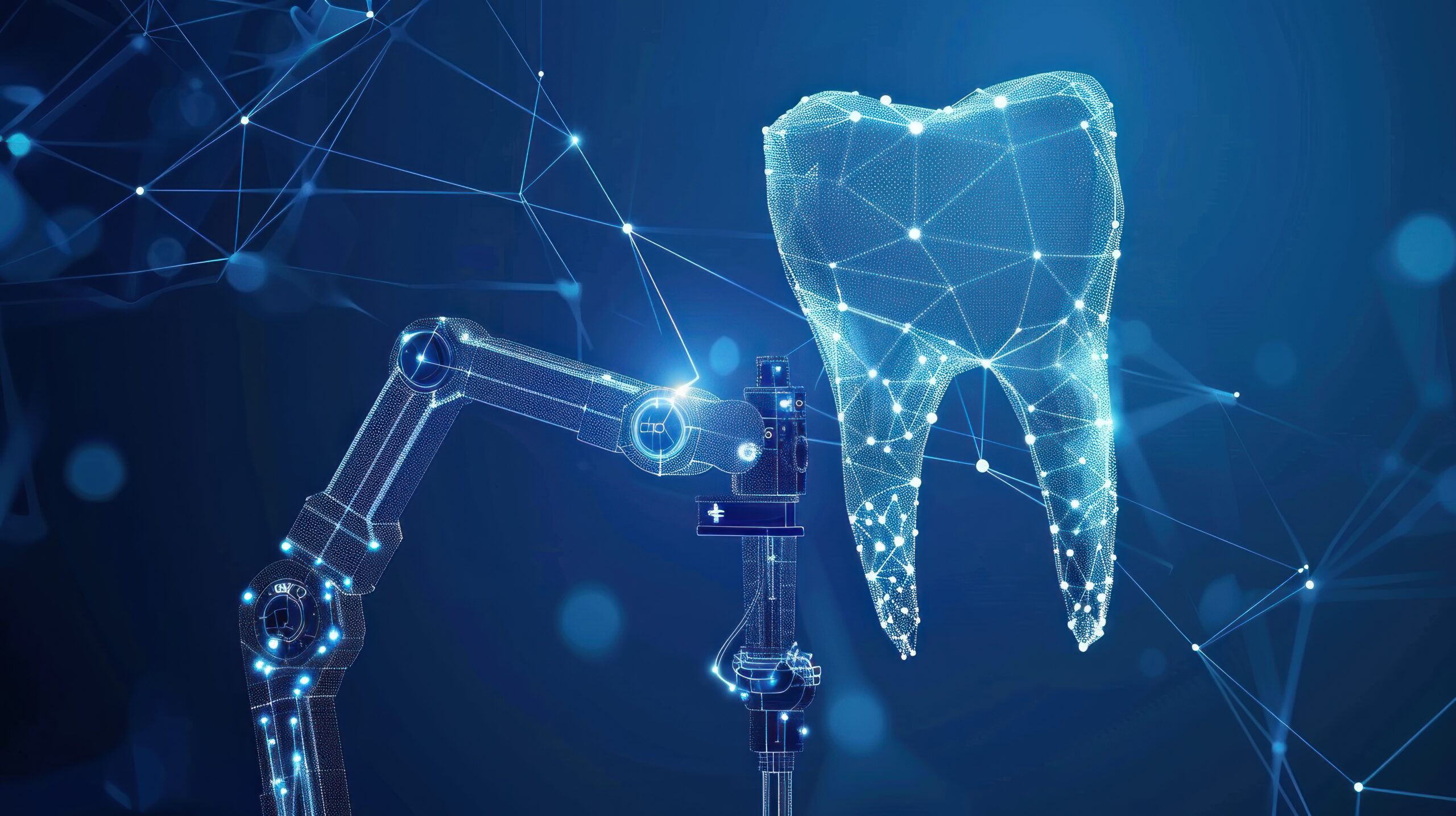 Digital tooth with abstract blue background, data connection technology