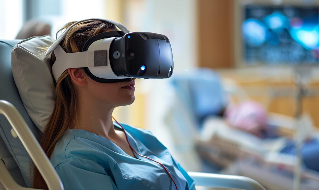patient wearing VR headset dental clinic